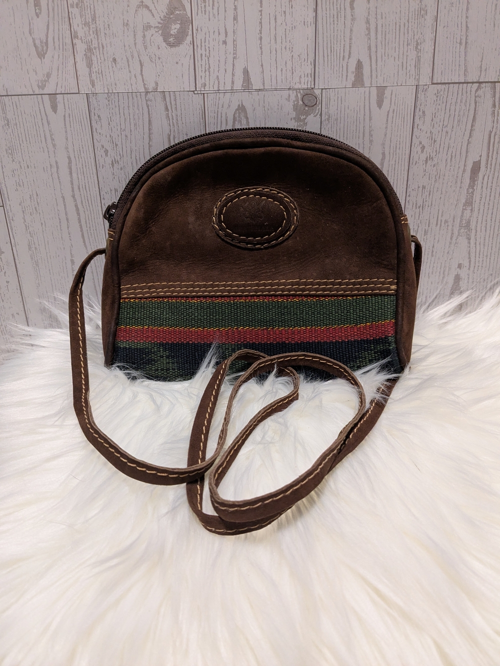 Guatemala Artisan Brown Suede Crossbody Bag Green/Red Stripe